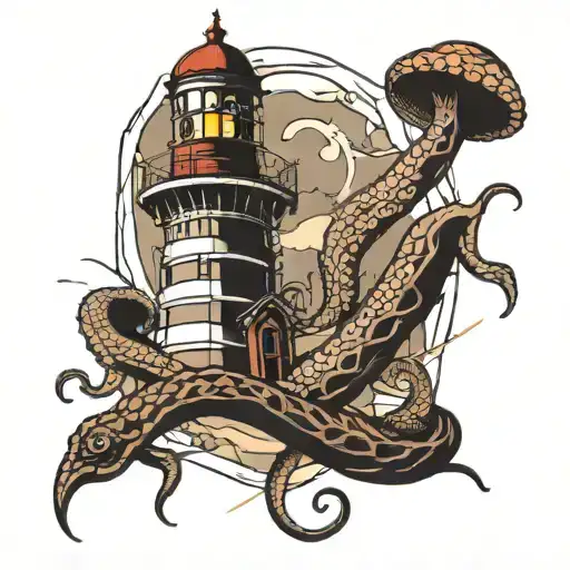 geometric octopus wrapped around lighthouse half sleeve tattoo design idea