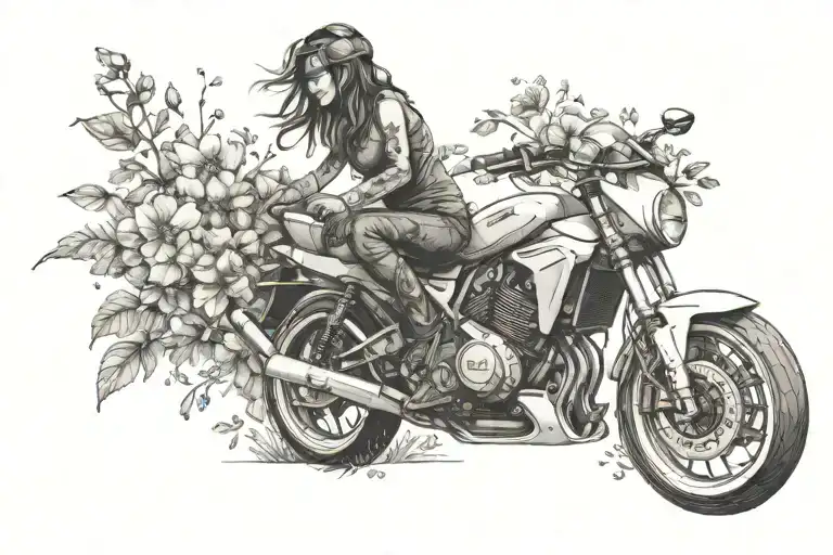 girl on sportbike with wildflowers gently swaying tattoo design idea