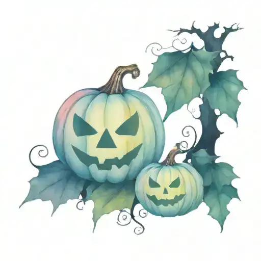 halloween, pumpkin, cast, leaves, dead tree, bats tattoo design idea