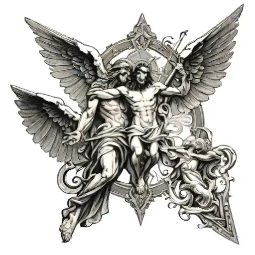 The cross of Jesus Christ and the angel of death on one side and the archangel San Miguel on the other fighting for his body tattoo design idea