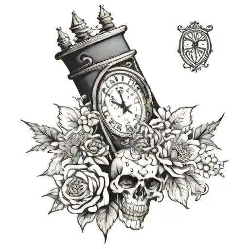 Black and white arm sleeve tattoo with a antique clock that reads 2:30, with Edelweiss flowers, Angels, skulls and Edelw tattoo design idea