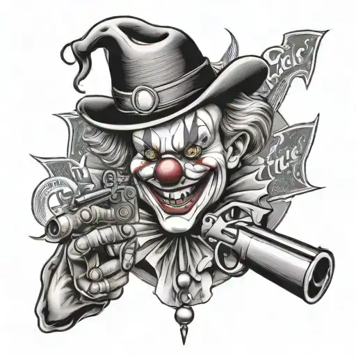 clown with gun money and a circus behind the clown tattoo design idea