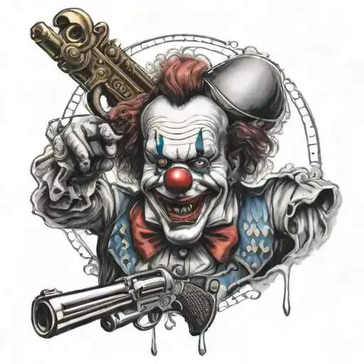 clown with gun money and a circus behind the clown tattoo design idea