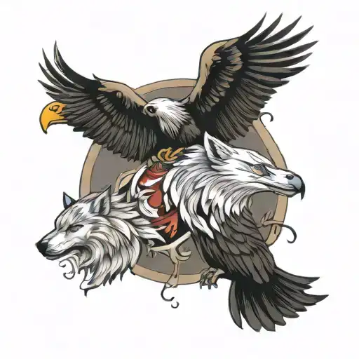 2 wolves and eagle soaring tattoo design idea