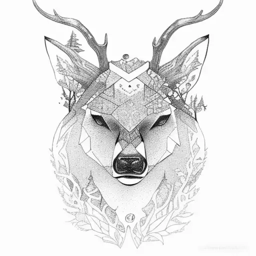 forest with worlf, deer, bear tattoo design idea