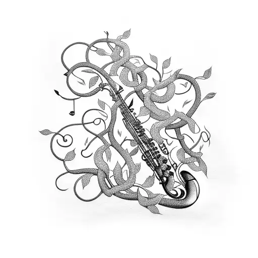 A saxophone intertwined with vines and leaves made of musical notes tattoo design idea