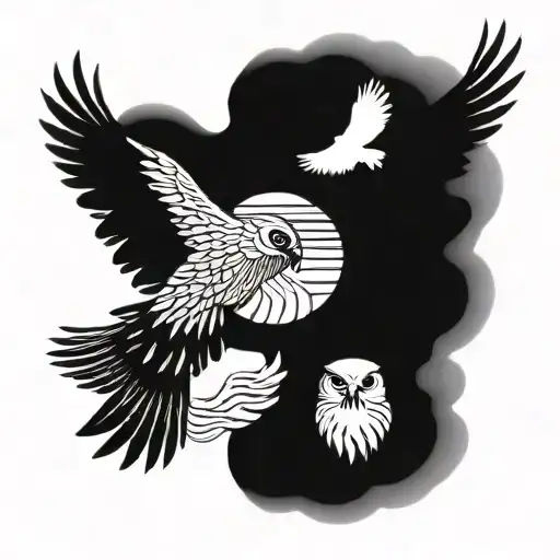 a yingyang with 2 animals, a owl and a eagle soaring tattoo design idea