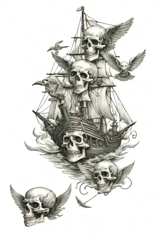 boats money skulls angels tattoo design idea
