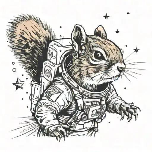 squirrel in an astronaut helmet traveling through space with a shooting star;  tattoo design idea