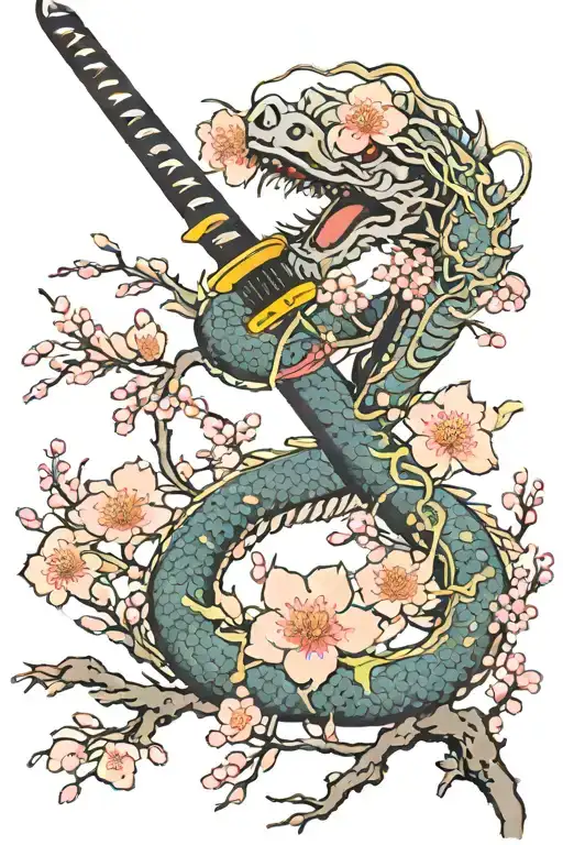 Full cherry blossom tree with a dragon and katana sword tattoo design idea