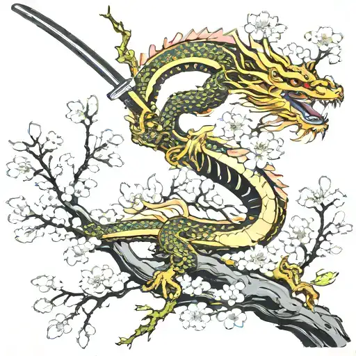 Full cherry blossom tree with a dragon and katana sword tattoo design idea