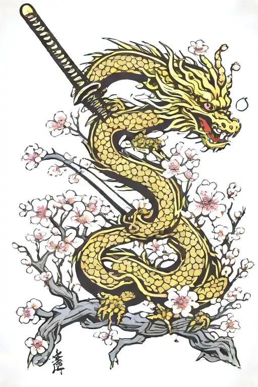 Full cherry blossom tree with a dragon and katana sword tattoo design idea