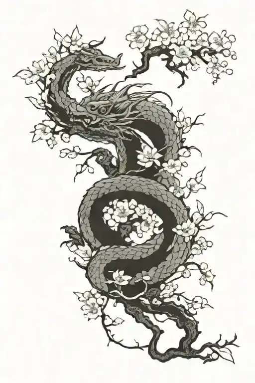 cherry blossom tree and dragon wrapped tattoo design idea
