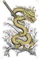 Full cherry blossom tree with a dragon and katana sword tattoo design idea