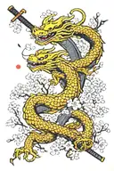 Full cherry blossom tree with a dragon and katana sword tattoo design idea