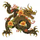 a dragon that is red and wraps around my whole leg with flowers around it and the rest of my leg is a blackout  tattoo design idea