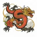 a dragon that is red and wraps around my whole leg with flowers around it and the rest of my leg is a blackout  tattoo design idea