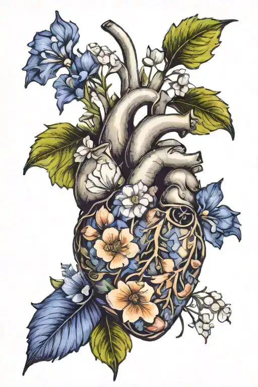 Anatomical heart with the following flowers coming out of the veins: daisy, sweet  pea, violet, primrose, larkspur and w tattoo design idea