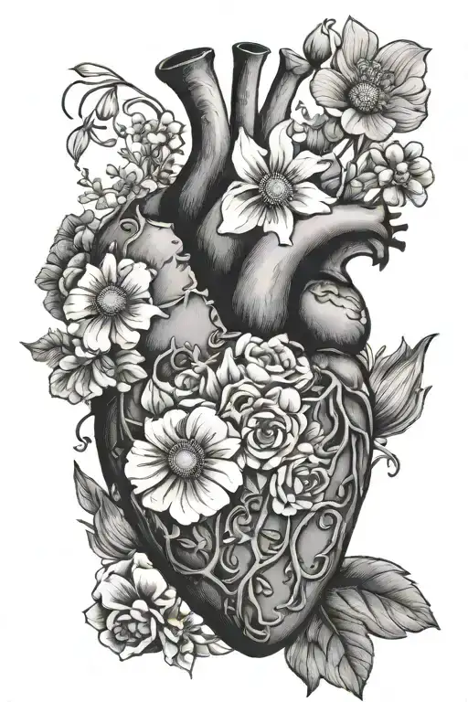 Anatomical heart with the following flowers: daisy, sweet  pea, violet, primrose, larkspur and w tattoo design idea
