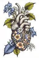 Anatomical heart with the following flowers coming out of the veins: daisy, sweet  pea, violet, primrose, larkspur and w tattoo design idea
