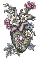 Anatomical heart with the following flowers coming out of the veins: daisy, sweet  pea, violet, primrose, larkspur and w tattoo design idea