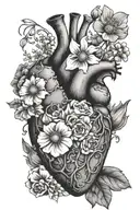 Anatomical heart with the following flowers: daisy, sweet  pea, violet, primrose, larkspur and w tattoo design idea