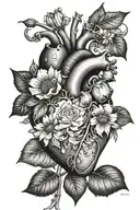 Anatomical heart with the following flowers: daisy, sweet  pea, violet, primrose, larkspur and w tattoo design idea