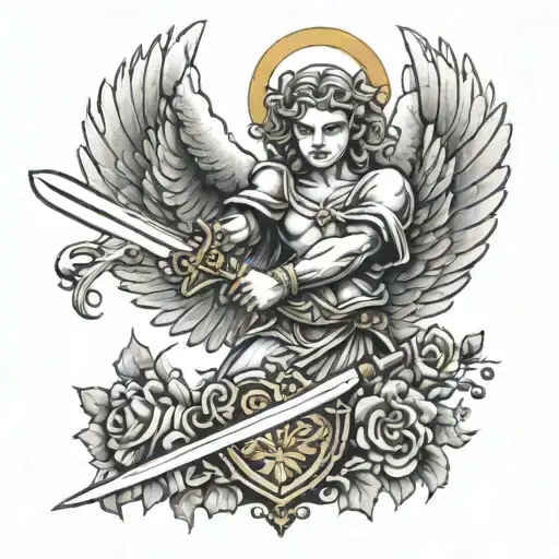 guardian angel with sword protecting a heart tattoo design idea