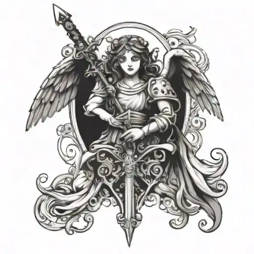 guardian angel with sword protecting a heart tattoo design idea