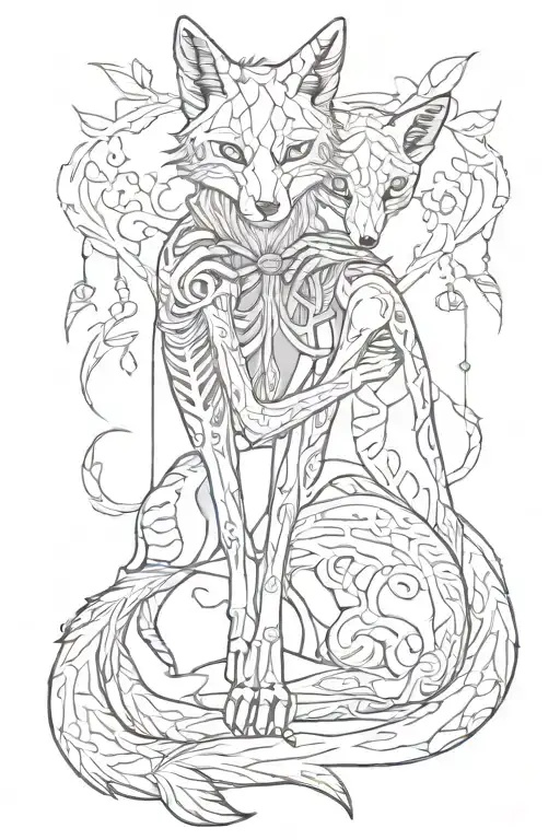 fox hugging skeleton around patterns tattoo design idea