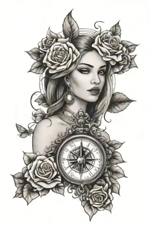 roses women face dove compass tattoo design idea