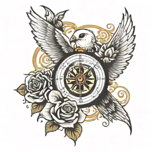 roses women face dove compass tattoo design idea