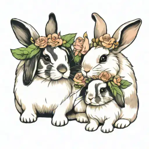 3 mini lop bunnies with flowers underneath   tattoo design idea