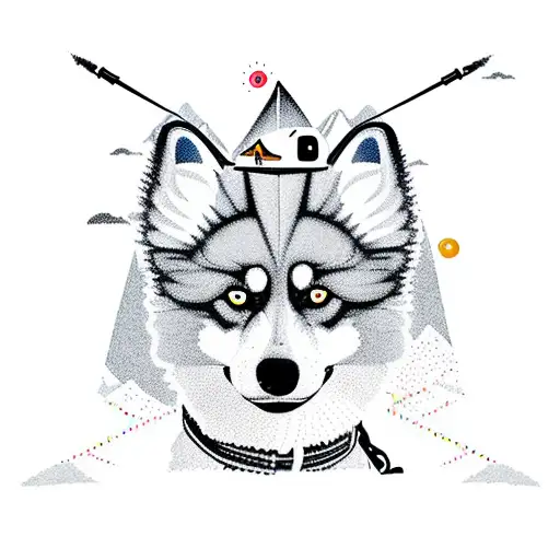 A new-school design showcasing a playful Pomsky and Cocker Spaniel wearing hiking gear and exploring a surreal mountain range tattoo design idea