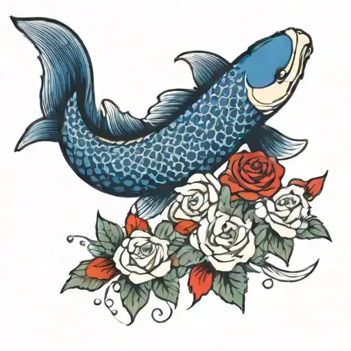 koi fish swimming upstream surrounded by red and blue roses, evening sky, moonlight tattoo design idea