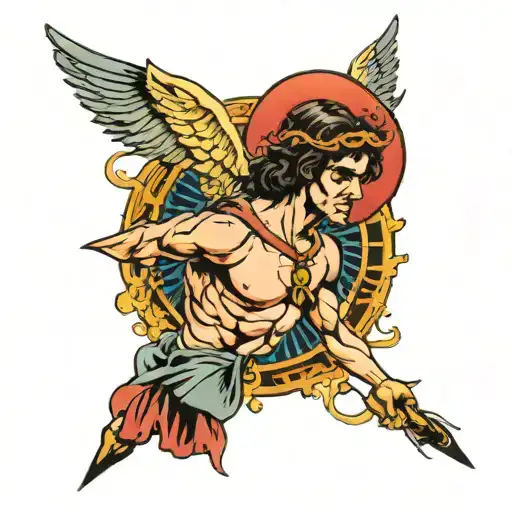 80s techno aviation Catholic St Sebastian tattoo design idea