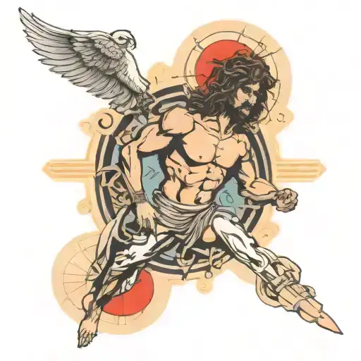 80s techno aviation Catholic St Sebastian tattoo design idea