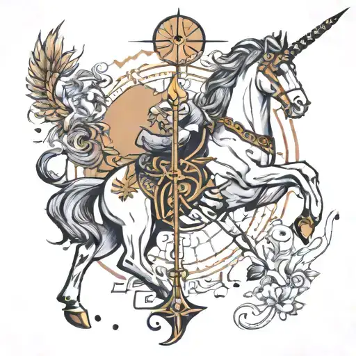 Help me design a handsome and domineering tattoo containing elements of Sagittarius, Leo, and Libra, which is presented  tattoo design idea