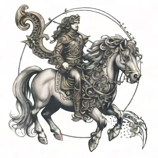 Help me design a handsome and domineering tattoo containing elements of Sagittarius, Leo, and Libra, which is presented  tattoo design idea