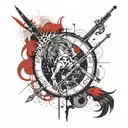 Help me design a handsome and domineering tattoo containing elements of Sagittarius, Leo, and Libra, which is presented  tattoo design idea