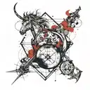 Help me design a handsome and domineering tattoo containing elements of Sagittarius, Leo, and Libra, which is presented  tattoo design idea
