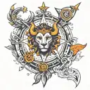 Help me design a handsome and domineering tattoo containing elements of Sagittarius, Leo, and Libra, which is presented  tattoo design idea