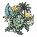 palm tree sun waves turtle tattoo design idea
