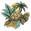 palm tree sun waves turtle tattoo design idea