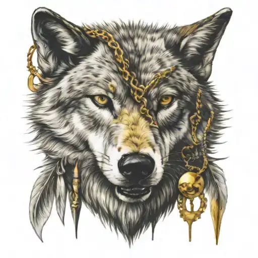 Lone wolf head wearing a gold necklace tattoo design idea