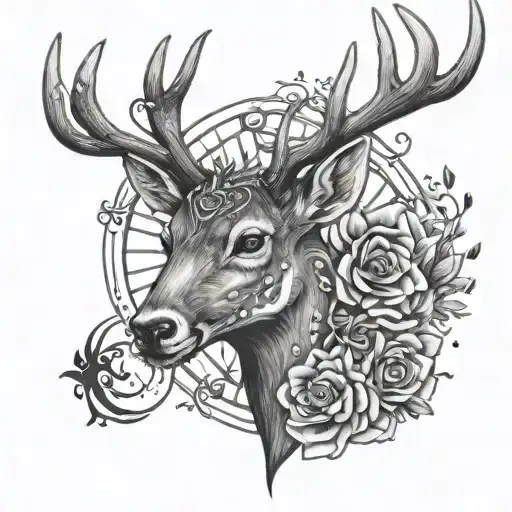 A tattoo design of a majestic deer with Metallica's iconic logo incorporated into its antlers, showcasing the client's passion for both music and wildlife tattoo design idea