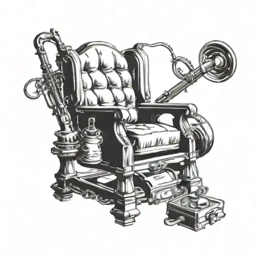 A tattoo design of a psychiatrist's chair surrounded by musical instruments, representing the client's occupation and love for music tattoo design idea