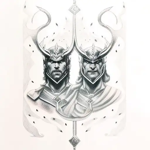 Thor and Odin side by side at the top of the arm transition into an forest with the 2 ravens and an lighting striking tattoo design idea