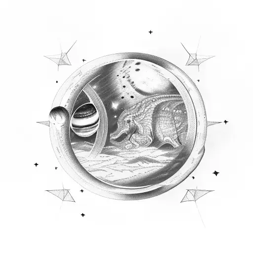 Rectangle frame, inside saturn, stars, dinosaur and the word cosmic on the back tattoo design idea