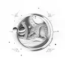 Rectangle frame, inside saturn, stars, dinosaur and the word cosmic on the back tattoo design idea